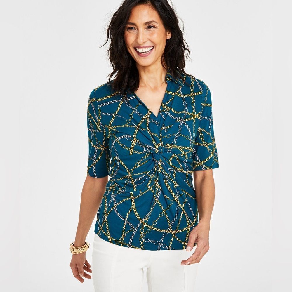 Printed Twist-Front Collared Top, - Picture 2 of 4